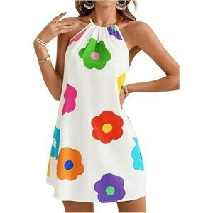 SHEIN Floral Print Sleeveless Summer Dress White Tie Back Halter Neck Size S